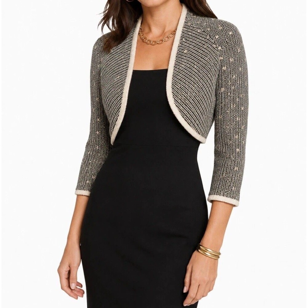 St John Sport Womens Cardigan S Black Beige Gold Metallic Wool Blend Cropped